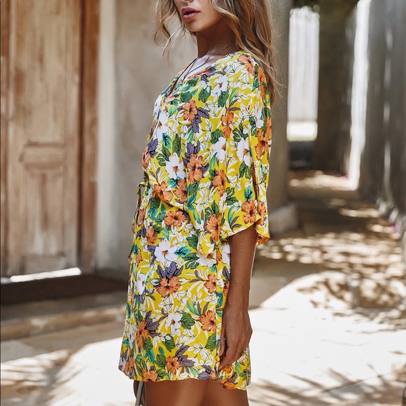 ♦️Floral Tie Waist Ruffled Dress Yellow - Picture 4 of 7